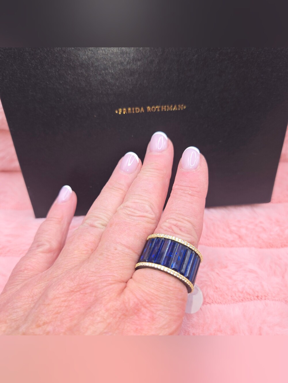 Freida Rothman Blue Baguette Crystal Wide Band Ring
